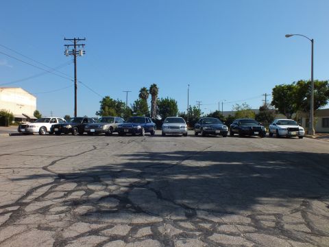2003 Ford Crown Victoria - Crown Victoria and Grand Marquis sedans in silver, black and blue lined up facing forward in a paved lot.
