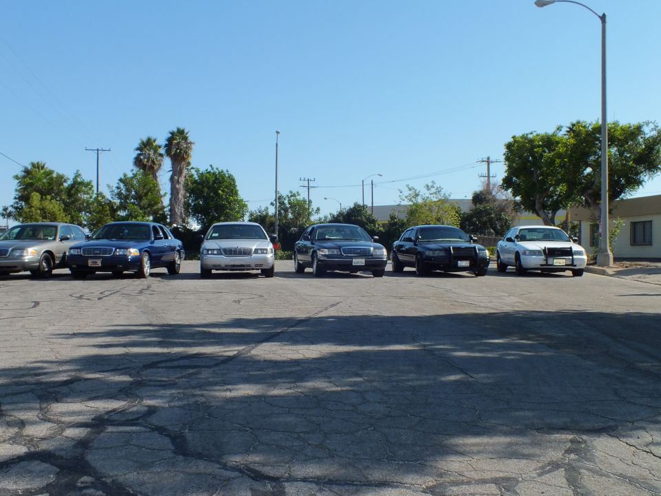 Row of full-size sedans parked facing camera in industrial lot under blue sky
