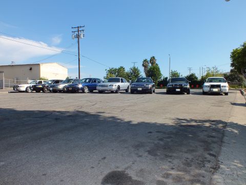 2003 Ford Crown Victoria - long line of dark and silver sedans rests against an industrial building under clear sky.