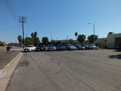 2003 Ford Crown Victoria - Sedans line up along a roadway as one person crouches by the leftmost white car.
