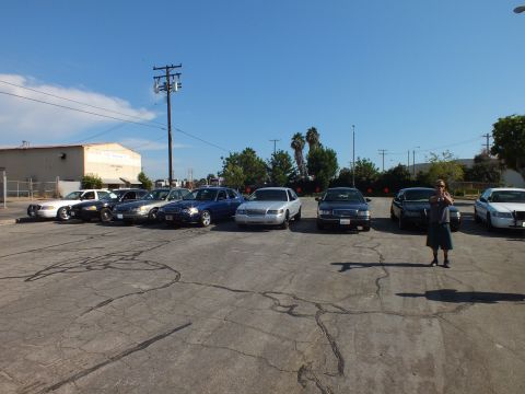 2003 Ford Crown Victoria - Full-size sedans line a paved lot as one person stands at right holding a phone.