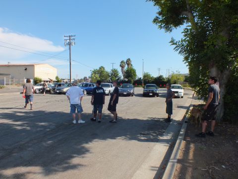 2003 Ford Crown Victoria - group talks in a lot of parked sedans, one man in an L.A.P.D. shirt, dog at right.