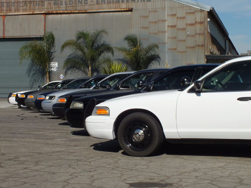 Close low-angle row of black and white Ford Crown Victoria sedans front three-quarter