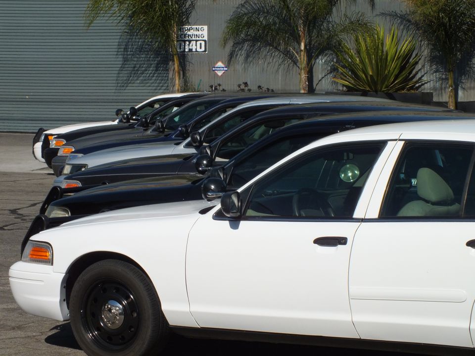 White Ford Crown Victoria leads row of black Panther-platform sedans parked in lot