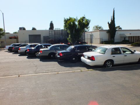 2003 Ford Crown Victoria - Row of Panther sedans with white Crown Victoria nearest, dumpster enclosure and warehouse behind