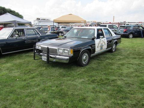 1991 Ford LTD Crown Victoria - black-and-white Highway Patrol sedan with push bar and gold star door shield sits on grass at an outdoor vehicle show.