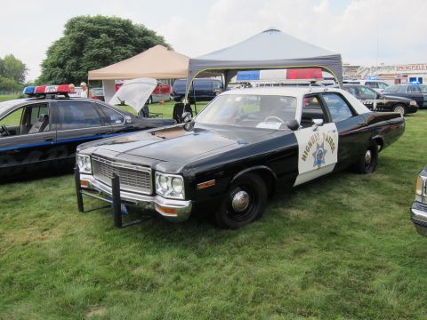 1991 Ford LTD Crown Victoria - black-and-white Highway Patrol sedan with a red roof light and push bar is displayed on grass among other police cars.