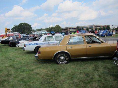 1991 Ford LTD Crown Victoria - gold four-door sedan parked in profile beside a white POLICE-lettered sedan in a row of show cars on grass.