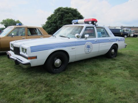 1991 Ford LTD Crown Victoria - white Dodge-style police sedan with blue stripes, POLICE lettering and a palmetto door seal sits on grass.