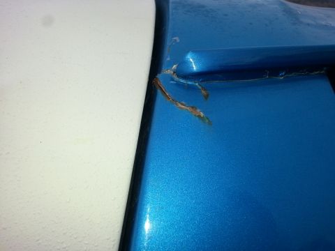 1994 Ford Bronco - Close-up of a damaged blue car panel adjacent to a white section, with Supermotors.net logo visible.