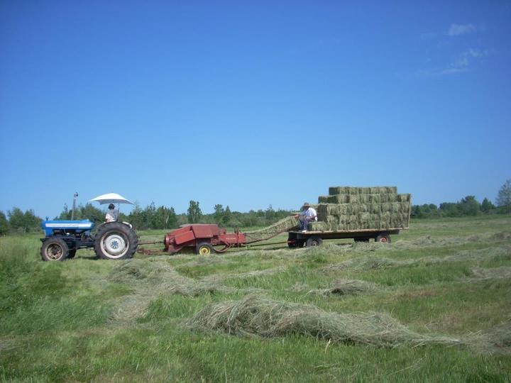 Tractor pulling a baler and trailer loaded with hay bales across a field