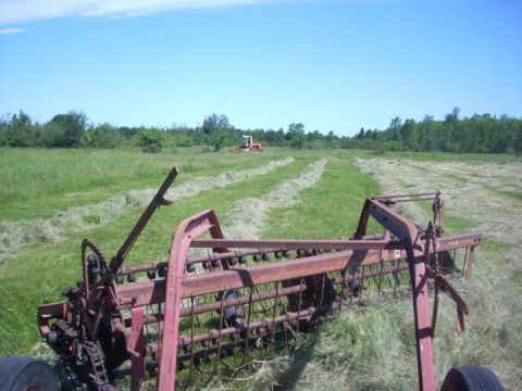 1987 Ford F-250 - A red farm rake sits in a field of cut hay, with a tractor in the background under a clear blue sky.