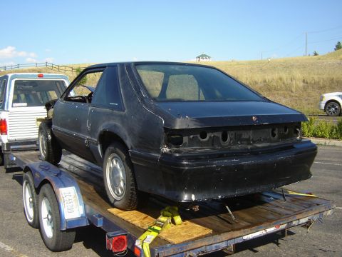 1987 Ford Mustang - A black 1987 Ford Mustang is being transported on a trailer, showing its rear end with missing components.