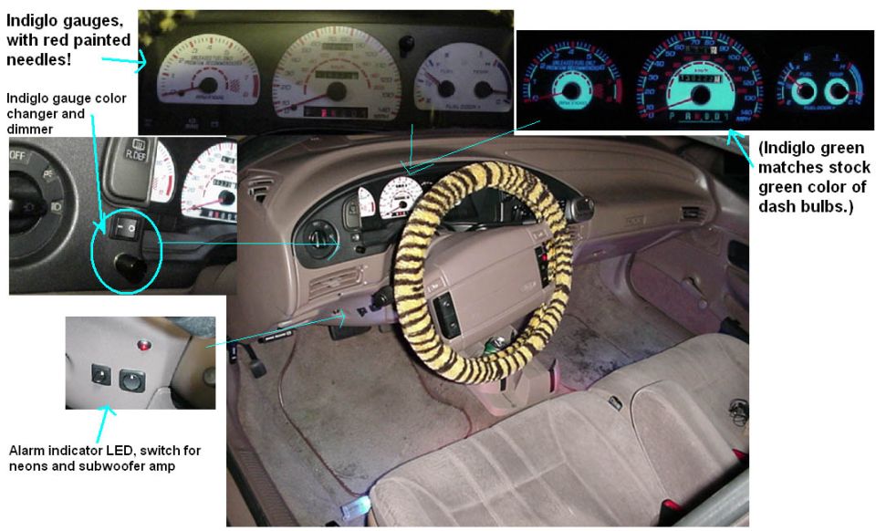 Annotated car interior collage showing Indiglo gauges with red needles, dimmer switch, and wrapped steering wheel