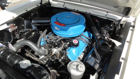 1964 Ford Fairlane - The engine bay of a 1964 Ford Fairlane is visible, showing its V8 engine with a blue air cleaner and valve covers.