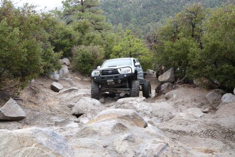 1985 Toyota 4Runner - A modified Toyota Tacoma navigates a rocky off-road trail surrounded by trees.