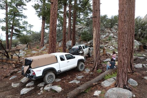 1985 Toyota 4Runner - Two Toyota trucks are shown off-roading on a challenging, rocky trail in a wooded area.