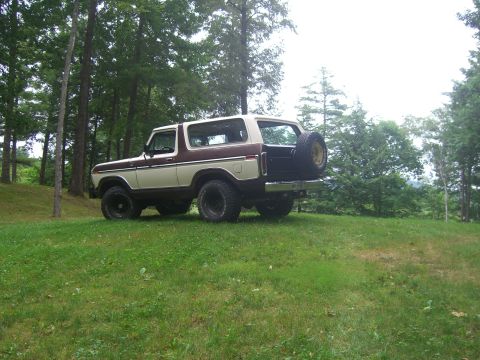 1979 Ford Bronco - A two-tone Ford Bronco is parked on a grassy incline, surrounded by trees.