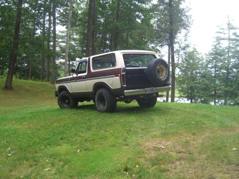 1979 Ford Bronco - A two-tone brown and cream Ford Bronco is parked on a grassy incline with trees in the background.