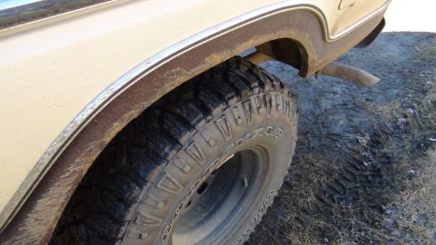 1979 Ford Bronco - Close-up view of the rear wheel and fender flare on a tan 1979 Ford Bronco, showing its distinctive body style and chrome trim.