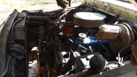 1979 Ford Bronco - Engine bay of a 1979 Ford Bronco, showing the V8 engine and associated components.