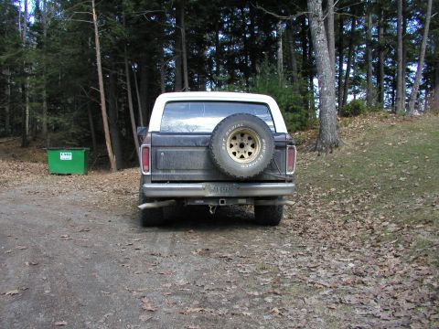 1979 Ford Bronco - Rear view of a 1978 Ford Bronco parked outdoors with a spare tire on the tailgate.