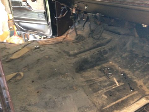 1979 Ford Bronco - The interior of a vehicle is shown, focusing on the floor and driver's side door panel.