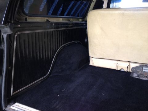 1979 Ford Bronco - The interior of a vehicle shows black carpet and ribbed black paneling next to a tan seat.