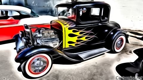 1964 Ford Fairlane - A custom hot rod coupe with flame decals is parked next to other vehicles.