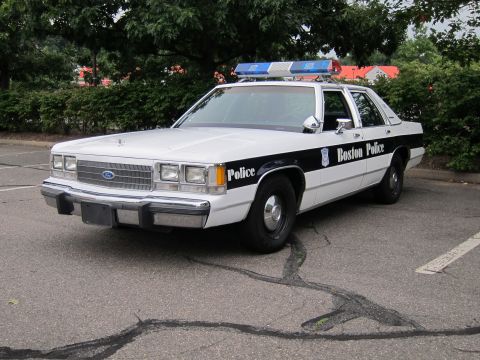1991 Ford LTD Crown Victoria - This 1991 Ford Crown Victoria LTD police car is parked on asphalt with trees in the background.