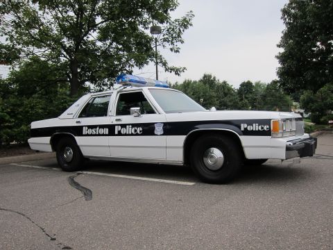 1991 Ford LTD Crown Victoria - A 1991 Ford Crown Victoria LTD police car is parked in a lot, with trees and a cloudy sky in the background.