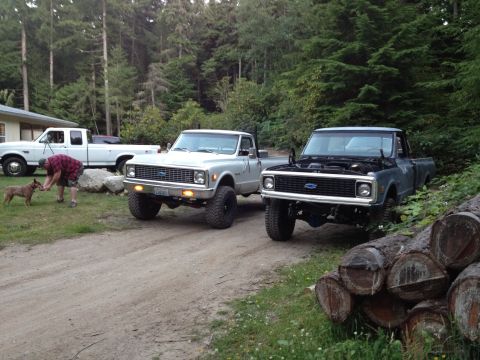 1984 Ford Bronco - Two Chevrolet pickup trucks are parked in a dirt driveway, with a white Ford truck visible in the background.