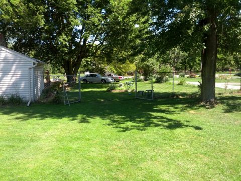 2007 Ford Crown Victoria - Two cars, including a 2007 Ford Crown Victoria, are parked in a grassy yard with trees and a fence.