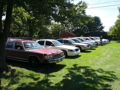 2007 Ford Crown Victoria - A row of sedans is parked on a grassy lawn, with a red station wagon in the foreground.