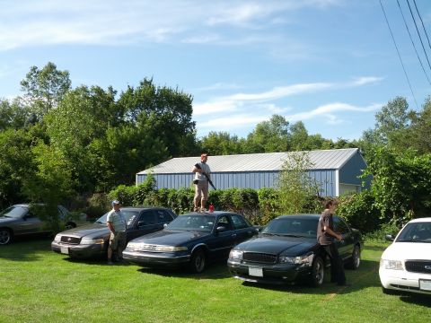 2007 Ford Crown Victoria - Several Ford Crown Victoria police cars are parked on a lawn with a building and trees in the background.