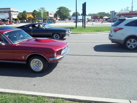 1970 Ford Ranchero - Two classic American cars, a red Mustang and a dark Torino, on the road.