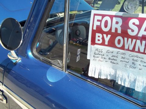 1970 Ford Ranchero - A "For Sale By Owner" sign details the restoration of a 1966 Ford F-100 pickup truck.