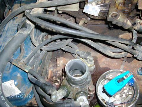 1979 Ford F-150 - A close-up view of engine components, including hoses and a distributor cap, with a date stamp of 08/17/2012.