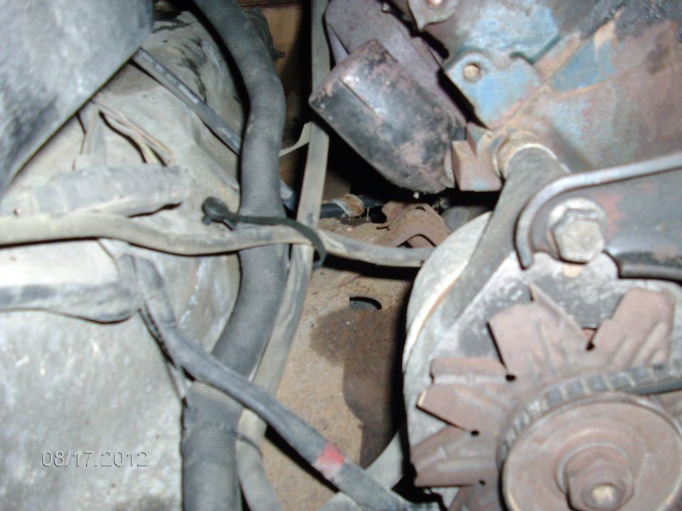 1979 Ford F-150 engine bay with alternator and hoses