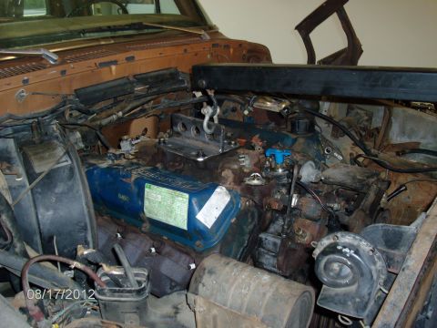 1979 Ford F-150 - Engine bay of a 1979 Ford F-150, showing the engine with blue valve covers and various hoses and components.