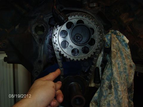 1979 Ford F-150 - A hand points to the timing chain and gears of an engine during a teardown process.