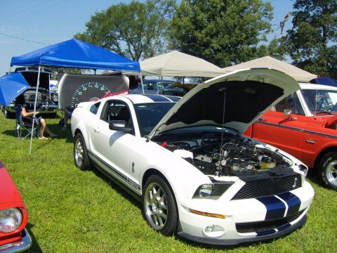 2007 Ford Mustang - A white 2007 Ford Mustang with racing stripes and its hood open is displayed at a car show, with other vehicles and tents in the background.