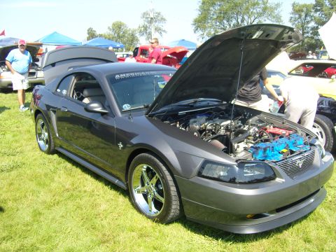 2007 Ford Mustang - A gray coupe, possibly a Ford Mustang from the early 2000s, is displayed with its hood open at an outdoor car show.