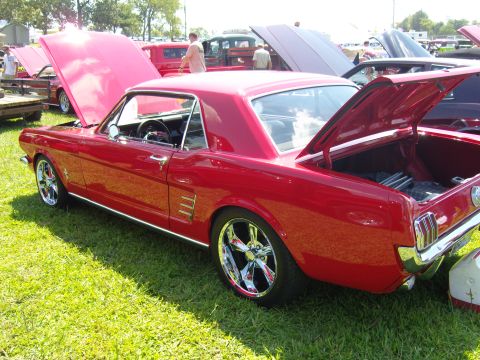 2007 Ford Mustang - A classic red coupe with its hood and trunk open is displayed at an outdoor event with other vehicles present.