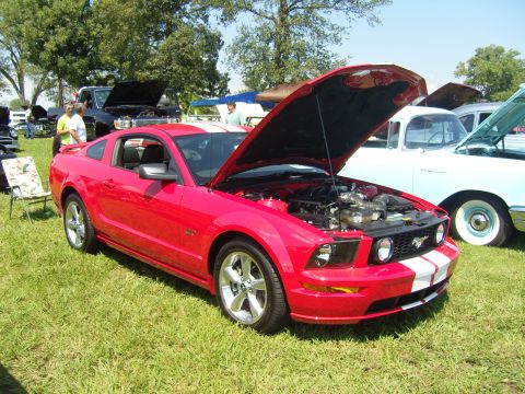 2007 Ford Mustang - A red 2007 Ford Mustang is displayed with its hood open at an outdoor car show.