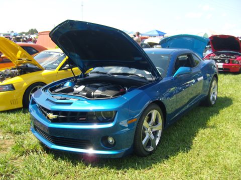 2007 Ford Mustang - Several cars are displayed on a grassy field, with their hoods open for viewing.