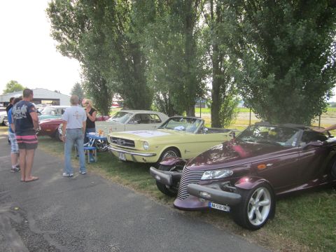 1991 Ford LTD Crown Victoria - Several classic cars are on display at an outdoor event, with people milling around them.