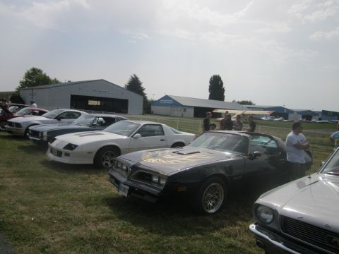 1991 Ford LTD Crown Victoria - A black Pontiac Firebird Trans Am is parked in a line of vehicles at an outdoor event with hangars in the background.