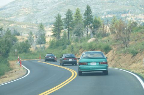 1993 Ford Taurus - A green 1993 Ford Taurus is seen from the rear, traveling on a two-lane road through a hilly, wooded area.