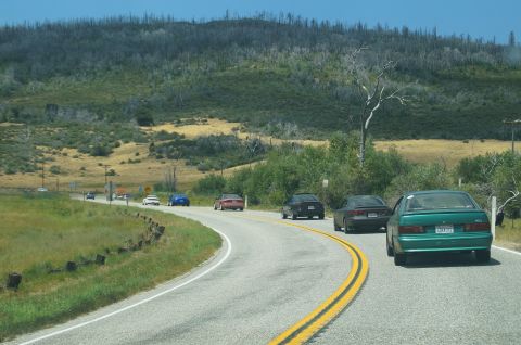 1993 Ford Taurus - A line of vehicles travels along a highway bordered by dry grass and a distant, tree-covered hillside.